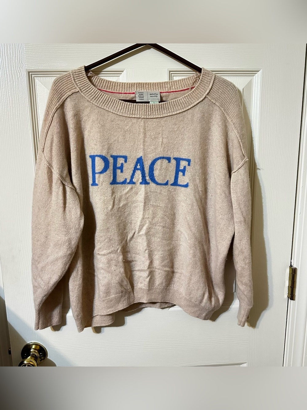 Anthropologie Women’s PEACE Crewneck Sweater - Beige with Blue Lettering